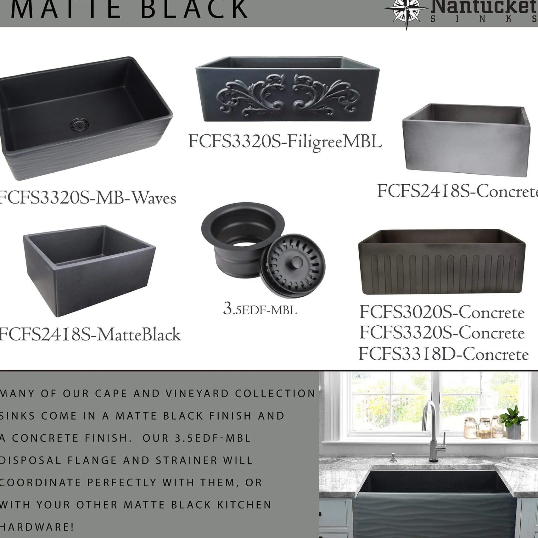 Nantucket Sinks Vineyard 33" Fireclay Farmhouse Sink, Matte Black, FCFS3320S-FiligreeMBL