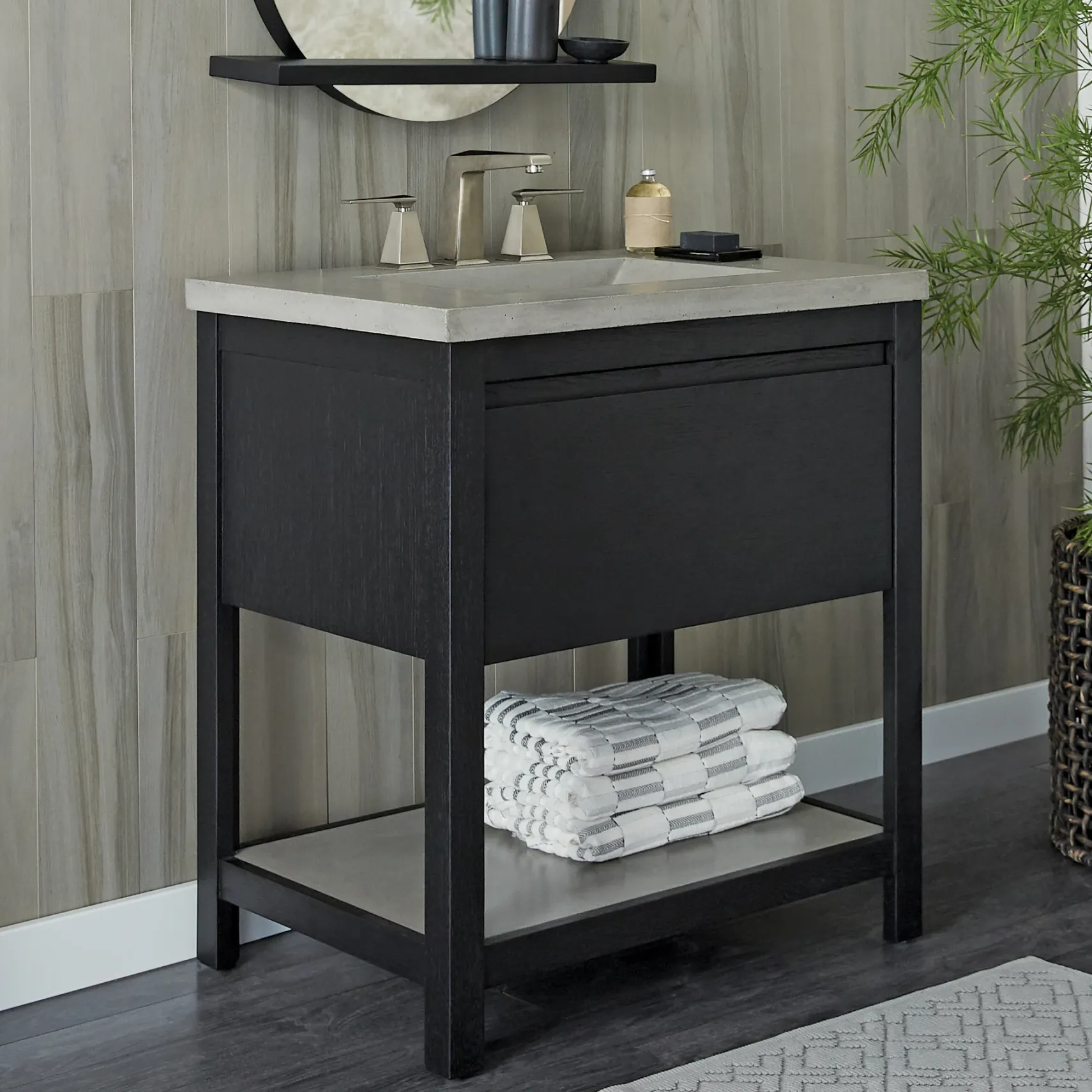 Native Trails 30" Solace Freestanding Vanity Base in Midnight Oak with Ash Shelf, VNO308-A