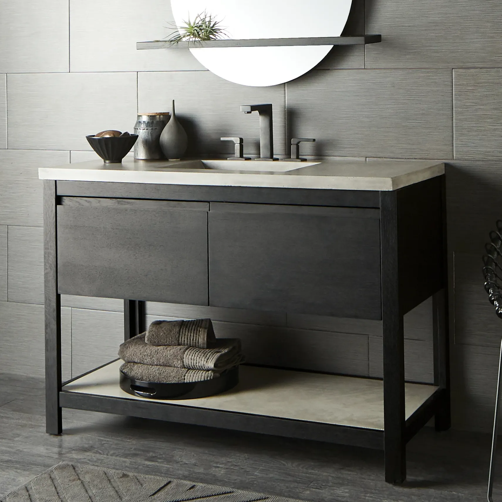 Native Trails 48" Solace Vanity Base in Midnight Oak with Palomar Vanity Top and Sink, Ash, VNO488-A-NSVNT48-A