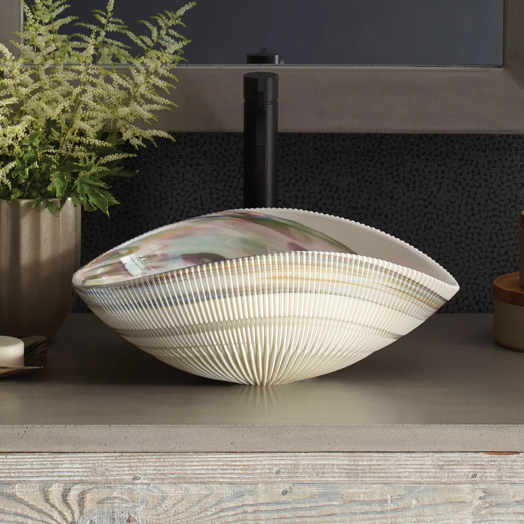 Native Trails Murano 18" Asymmetrical Shell-Shaped Glass Vessel Bathroom Sink, Abalone, MG1912-AE