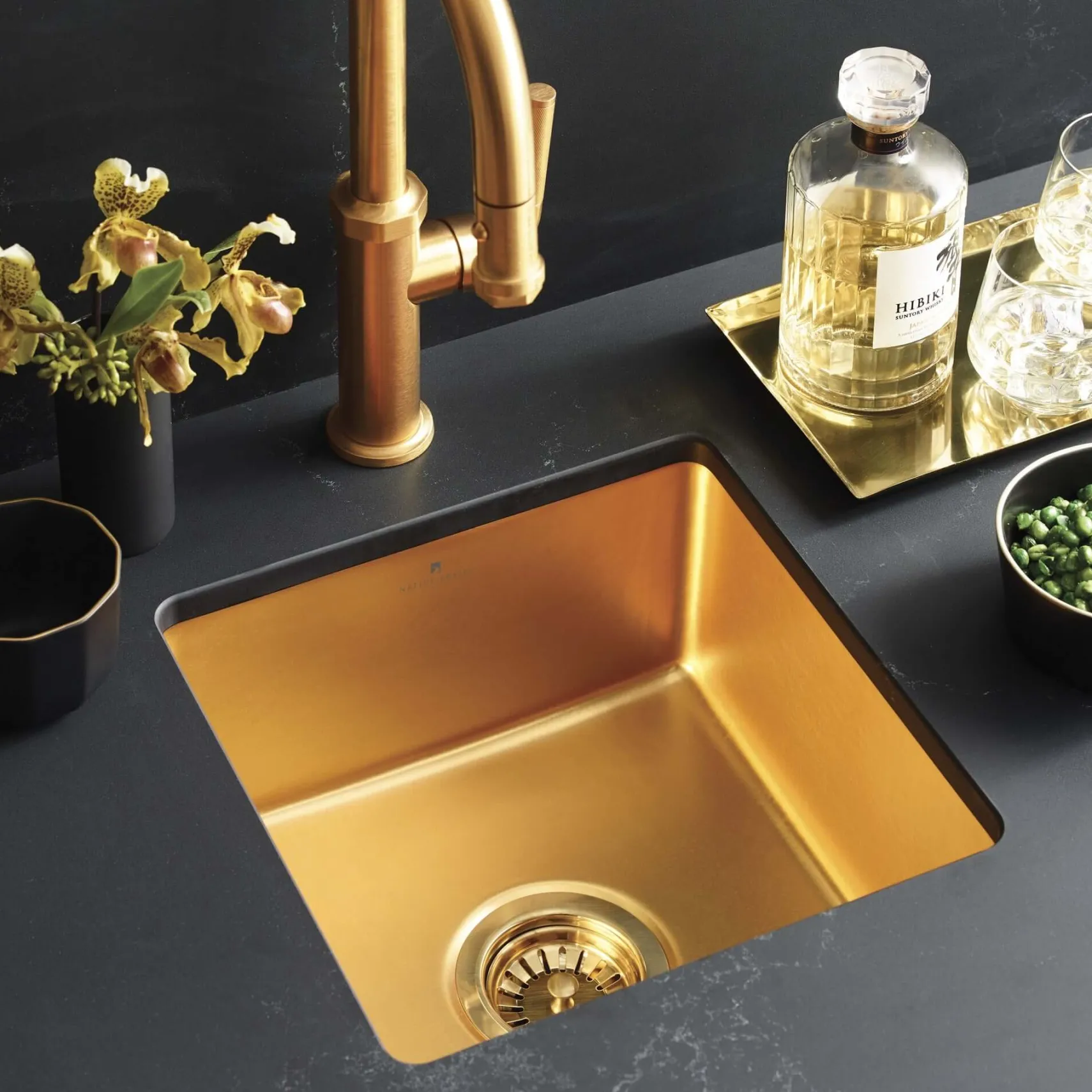 Native Trails Reveler 16" Square Fireclay Bar/Prep Sink, Matte Gold, PMB1515-G