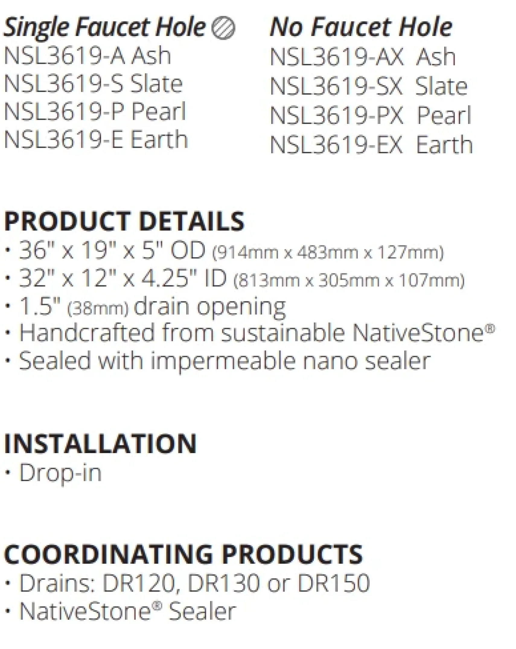 Native Trails Trough 36" Rectangle NativeStone Concrete Bathroom Sink, 1 Faucet Hole, Earth, NSL3619-E