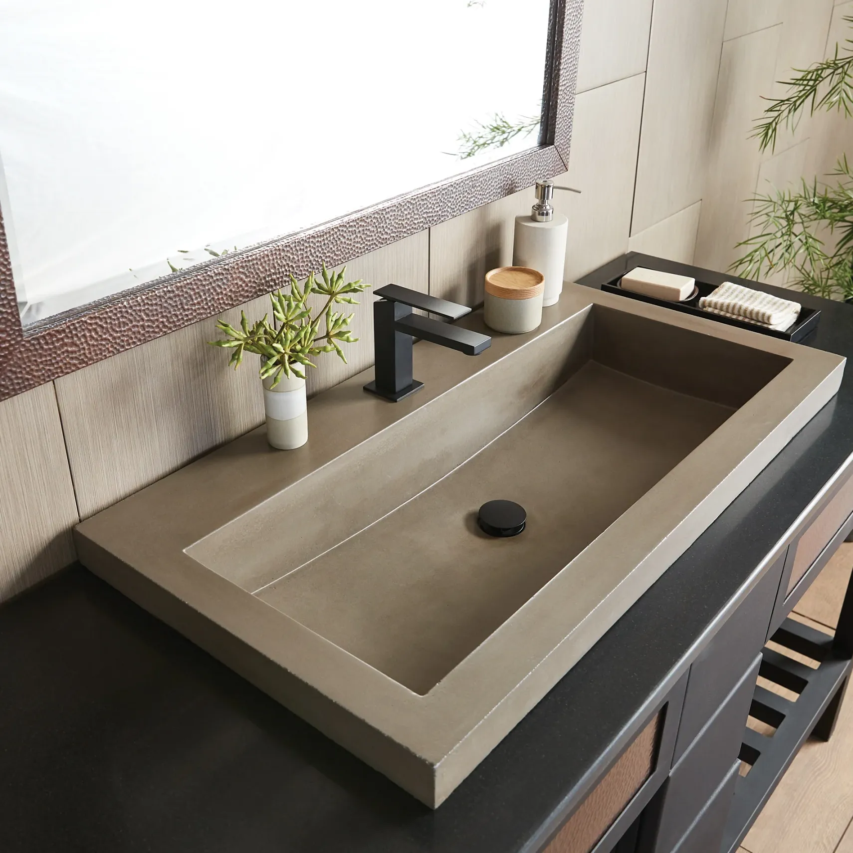 Native Trails Trough 36" Rectangle NativeStone Concrete Bathroom Sink, 1 Faucet Hole, Earth, NSL3619-E