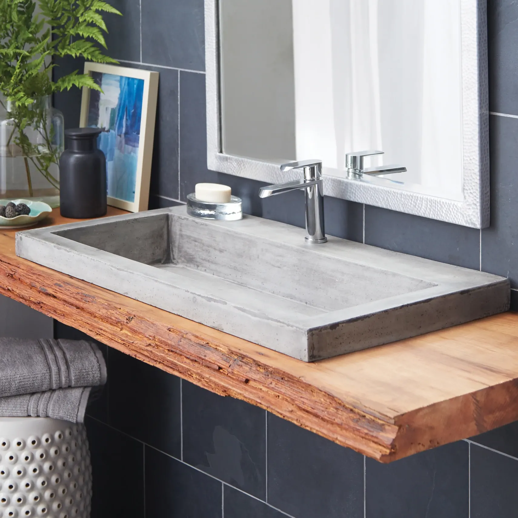 Native Trails Trough 36" Rectangle NativeStone Concrete Bathroom Sink, No Faucet Hole, Ash, NSL3619-AX