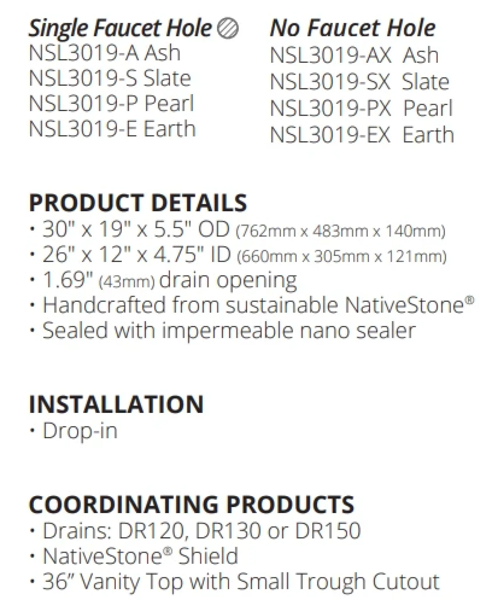 Native Trails Trough 30" Rectangle NativeStone Concrete Bathroom Sink, No Faucet Hole, Slate, NSL3019-SX