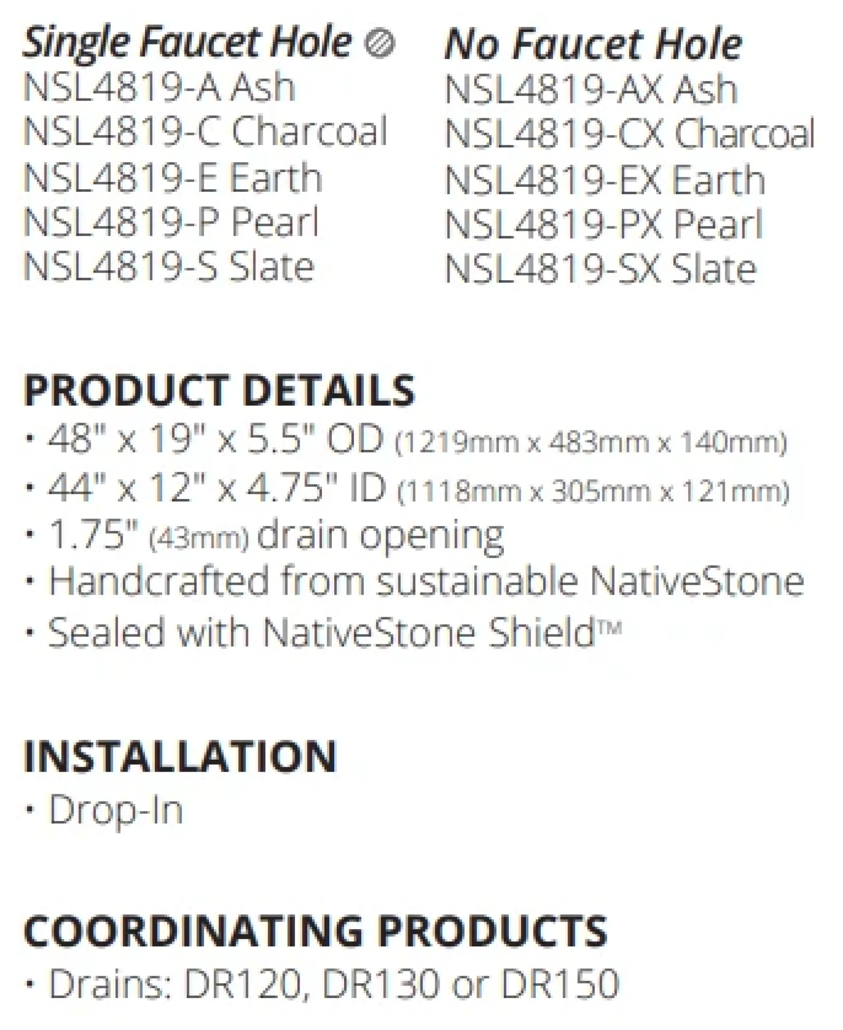 Native Trails Trough 48" Rectangle NativeStone Concrete Bathroom Sink, No Faucet Hole, Earth, NSL4819-EX
