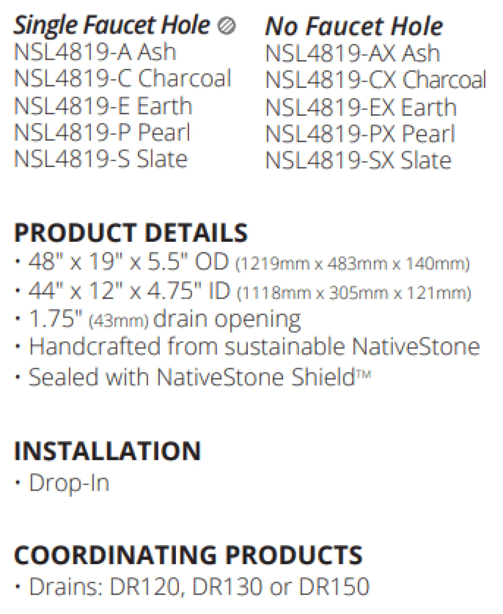 Native Trails Trough 48" Rectangle NativeStone Concrete Bathroom Sink, 2 Faucet Holes, Pearl, NSL4819-P