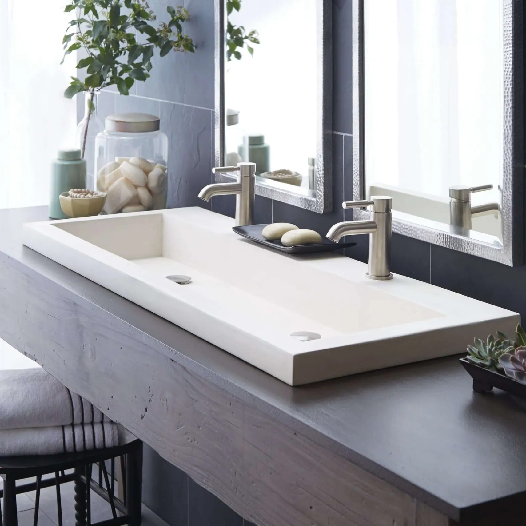 Native Trails Trough 48" Rectangle NativeStone Concrete Bathroom Sink, 2 Faucet Holes, Pearl, NSL4819-P