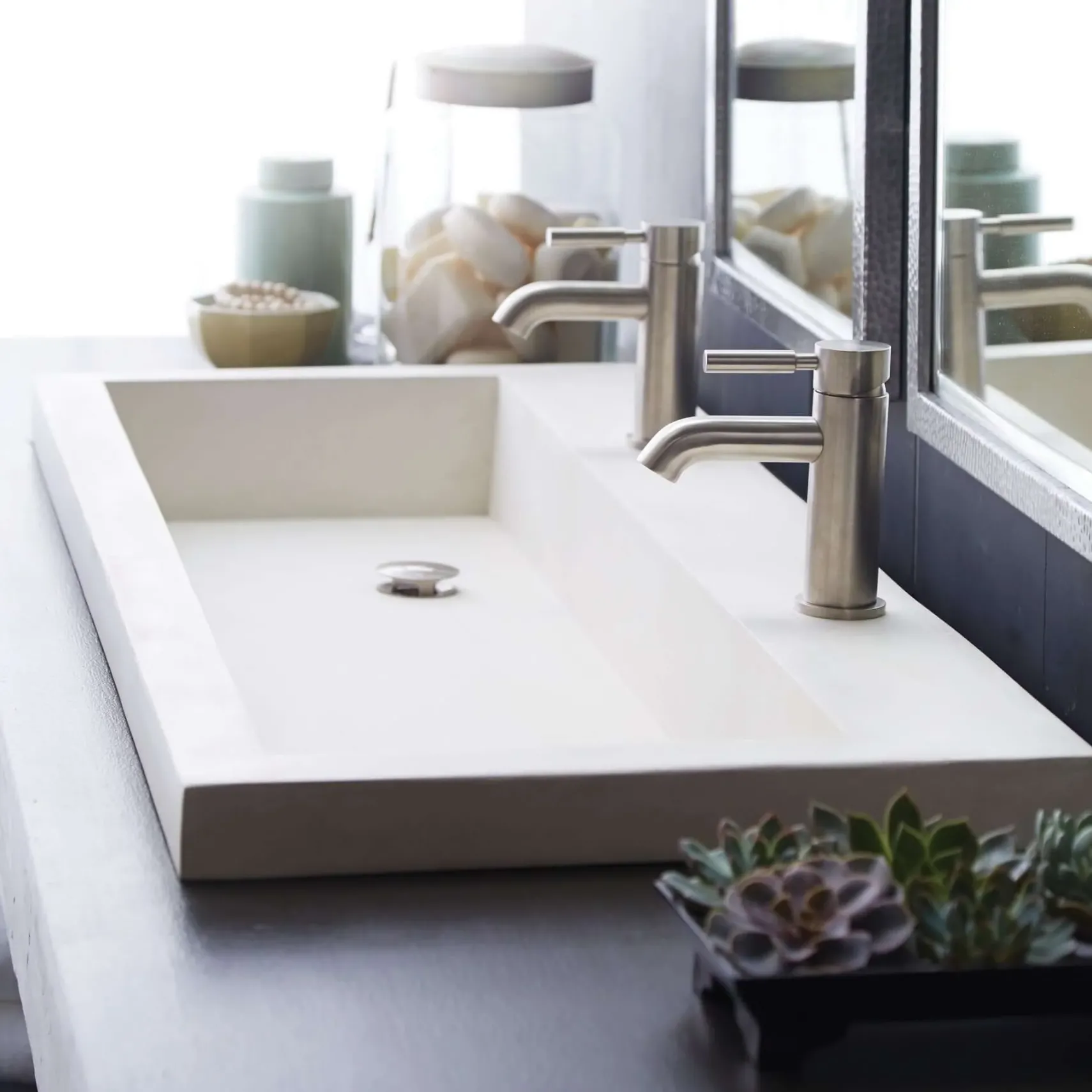 Native Trails Trough 48" Rectangle NativeStone Concrete Bathroom Sink, 2 Faucet Holes, Pearl, NSL4819-P