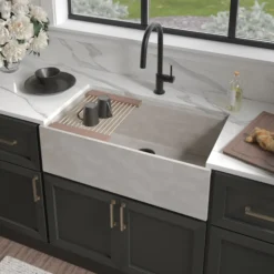 Native Trails Concierge 33" NativeStone Concrete Workstation Farmhouse Kitchen Sink, Ash, NSKG3318-A