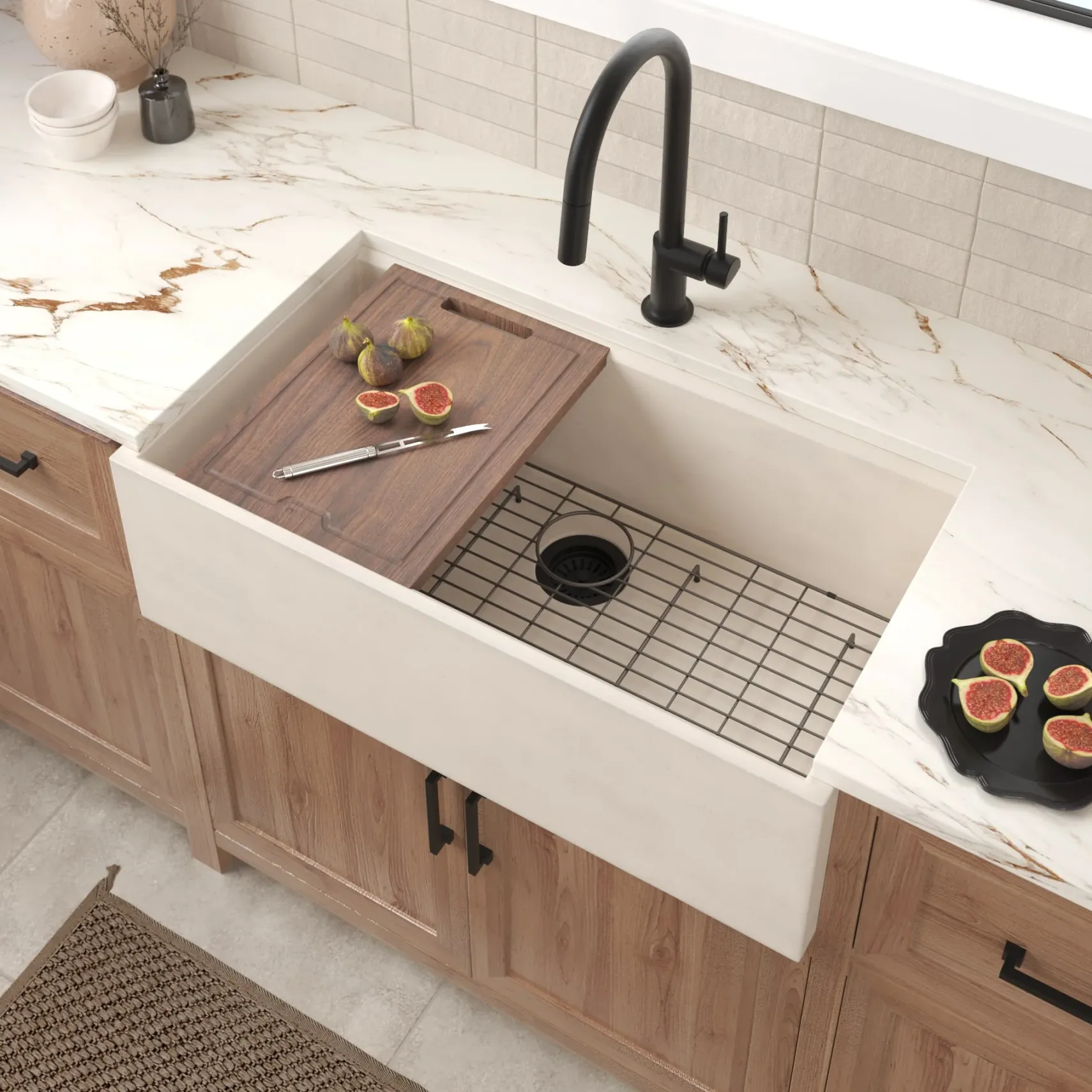 Native Trails Concierge 33" NativeStone Concrete Workstation Farmhouse Kitchen Sink, Sand, NSKG3318-D