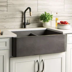 Native Trails Farmhouse Double Bowl 33" NativeStone Concrete Farmhouse Sink, 60/40 Double Bowl, Slate, NSKD3321-S