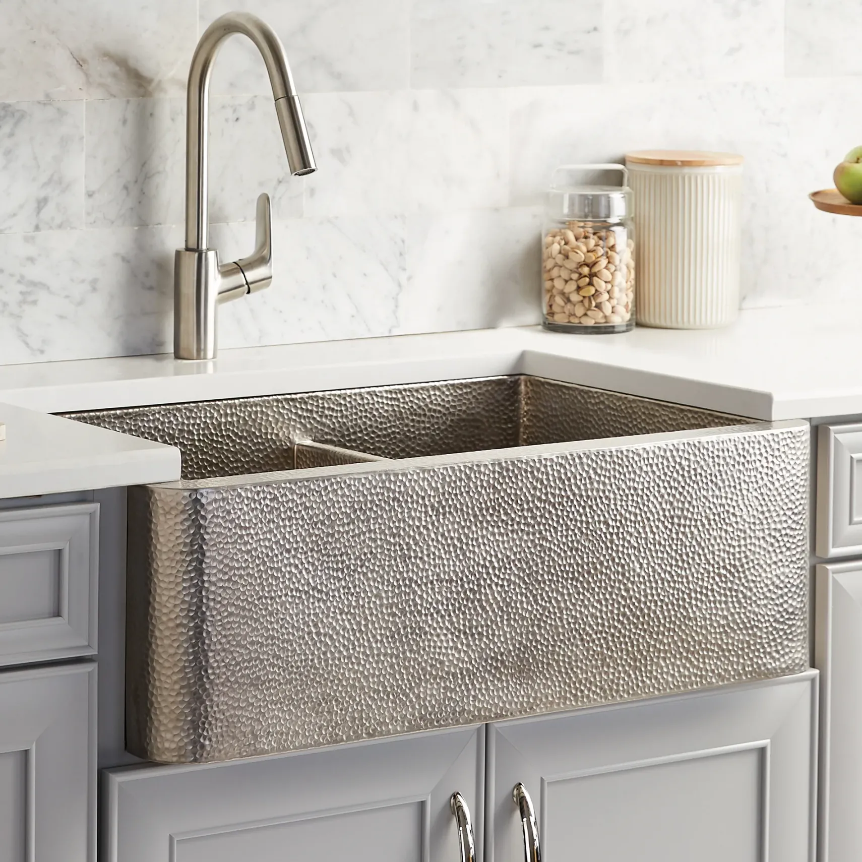Native Trails Farmhouse Duet 33" Nickel Farmhouse Sink, 60/40 Double Bowl, Brushed Nickel, CPK576