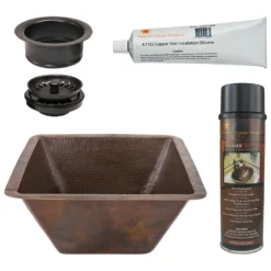 Premier Copper Products 17" Large Square Hammered Copper Bar/Prep Sink, Matching Drain and Accessories, Oil Rubbed Bronze, BSP5_BS17DB-G