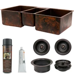Premier Copper Products 42" Hammered Copper Kitchen Triple Basin Sink with Matching Drains, and Accessories, Oil Rubbed Bronze, KSP3_KTDB422210