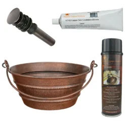 Premier Copper Products 16" Round Bucket Vessel Hammered Copper Bathroom Sink with Handles, Matching Drain and Accessories, Oil Rubbed Bronze, BSP5_VR16BUDB-P