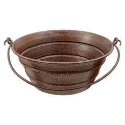 Premier Copper Products 16" Round Bucket Vessel Hammered Copper Bathroom Sink with Handles, Matching Drain and Accessories, Oil Rubbed Bronze, BSP5_VR16BUDB-P