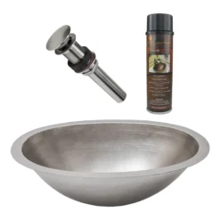 Premier Copper Products 19" Oval Under Counter Hammered Copper Bathroom Sink in Nickel, Matching Drain and Accessories, BSP5_LO19FEN-P