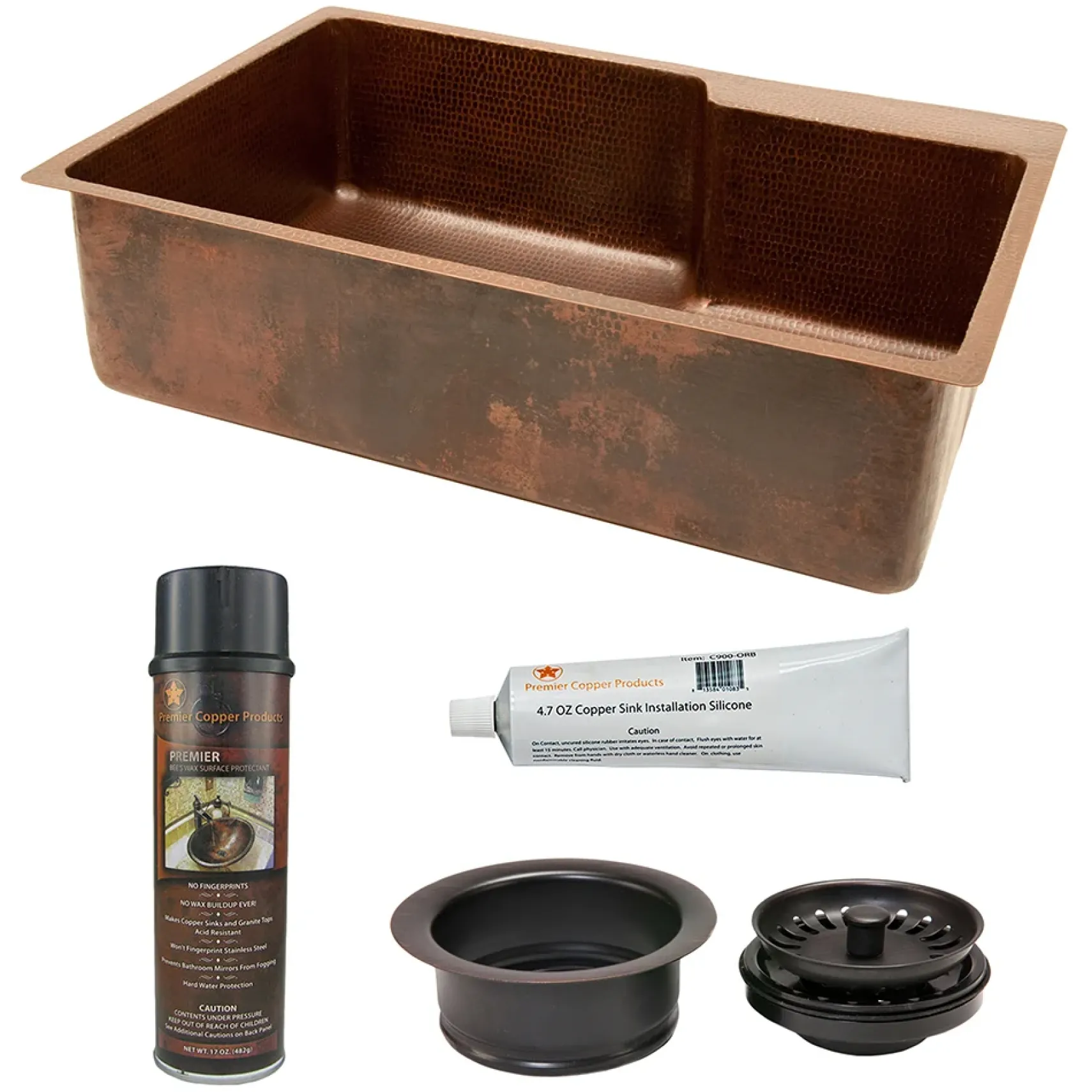 Premier Copper Products 33" Hammered Copper Kitchen Single Basin Sink with Matching Drain and Accessories, Oil Rubbed Bronze, KSP3_KSFDB33229
