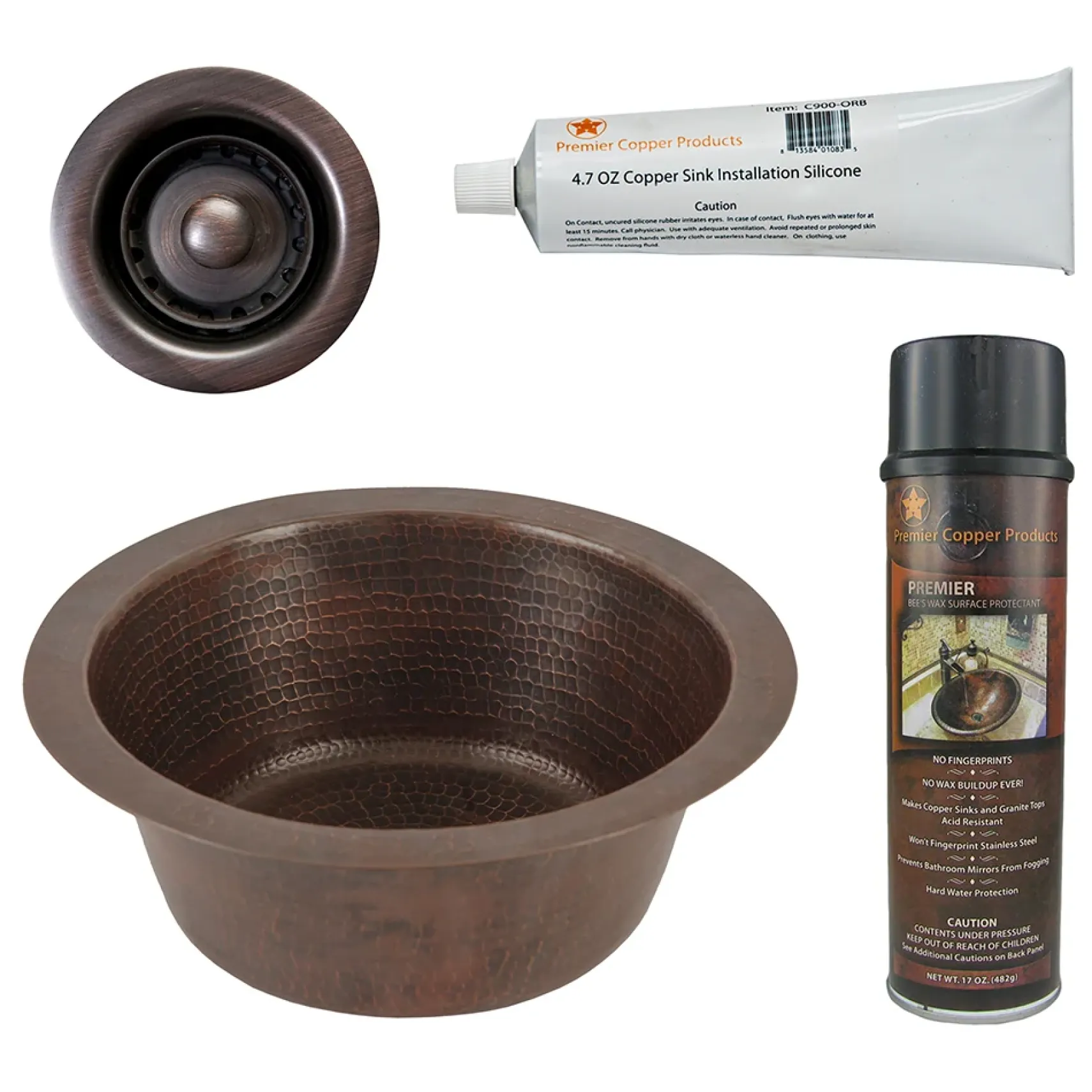 Premier Copper Products 12" Round Hammered Copper Bar Sink w/ 2" Drain Opening, Matching Drain and Accessories, Oil Rubbed Bronze, BSP5_BR12DB2-B