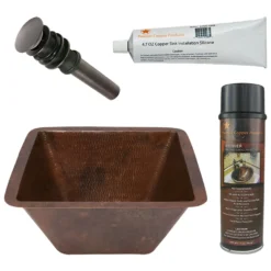 Premier Copper Products 15" Square Under Counter Hammered Copper Bathroom Sink, Matching Drain and Accessories, Oil Rubbed Bronze, BSP5_LSQ15DB-P