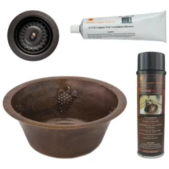 Premier Copper Products 16" Round Copper Prep Bar Sink w/ Grapes and 3.5" Drain Opening, Matching Drain and Accessories, Oil Rubbed Bronze, BSP5_BR16GDB3-D