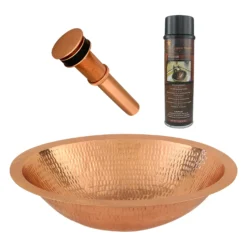 Premier Copper Products 17" Oval Under Counter Hammered Copper Bathroom Sink in Polished Copper, Matching Drain and Accessories, BSP5_LO17FPC-P
