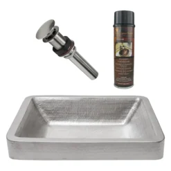 Premier Copper Products 19" Rectangle Skirted Vessel Hammered Copper Bathroom Sink in Nickel, Matching Drain and Accessories, BSP5_VREC19SKEN-P