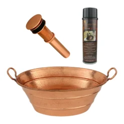 Premier Copper Products 16" Oval Bucket Vessel Hammered Copper Bathroom Sink with Handles in Polished Copper, Matching Drain and Accessories, BSP5_VOB16PC-P
