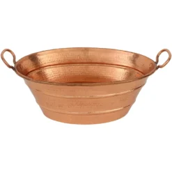 Premier Copper Products 16" Oval Bucket Vessel Hammered Copper Bathroom Sink with Handles in Polished Copper, Matching Drain and Accessories, BSP5_VOB16PC-P