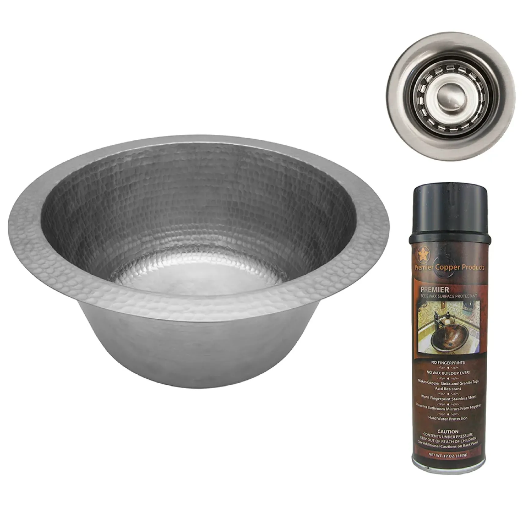 Premier Copper Products 12" Round Hammered Copper Bar Sink w/ 2" Drain Opening in Nickel, Matching Drain and Accessories, BSP5_BR12EN2-B