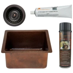 Premier Copper Products 16" Gourmet Rectangular Hammered Copper Bar/Prep Sink, Matching Drain and Accessories, Oil Rubbed Bronze, BSP5_BREC16DB-D
