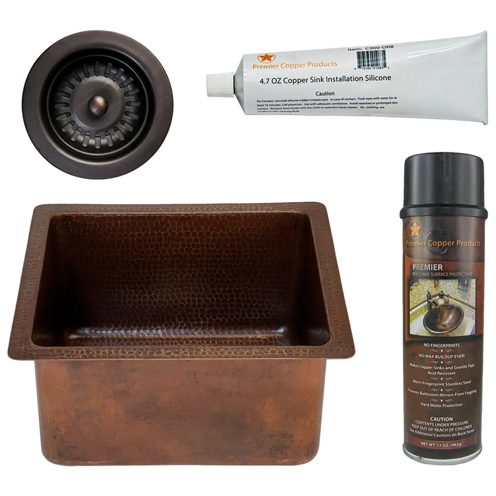 Premier Copper Products 16" Gourmet Rectangular Hammered Copper Bar/Prep Sink, Matching Drain and Accessories, Oil Rubbed Bronze, BSP5_BREC16DB-D