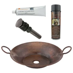 Premier Copper Products 16" Round Miners Pan Vessel Hammered Copper Bathroom Sink, Matching Drain and Accessories, Oil Rubbed Bronze, BSP5_VR16MPDB-P