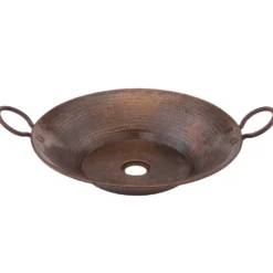 Premier Copper Products 16" Round Miners Pan Vessel Hammered Copper Bathroom Sink, Matching Drain and Accessories, Oil Rubbed Bronze, BSP5_VR16MPDB-P