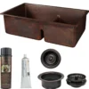 Premier Copper Products 33" Hammered Copper Kitchen 60/40 Double Basin Sink with Short 5" Divider w/ Matching Drains and Accessories, Oil Rubbed Bronze, KSP3_K60DB33199-SD5