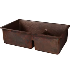 Premier Copper Products 33" Hammered Copper Kitchen 60/40 Double Basin Sink with Short 5" Divider w/ Matching Drains and Accessories, Oil Rubbed Bronze, KSP3_K60DB33199-SD5