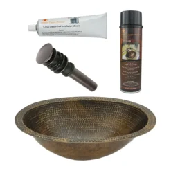 Premier Copper Products 19" Oval Under Counter Hammered Copper Bathroom Sink in Antique Brass, Matching Drain and Accessories, Oil Rubbed Bronze, BSP5_LO19FAB-P