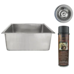 Premier Copper Products 20" Rectangle Hammered Copper Kitchen/Bar/Prep Single Basin Sink in Nickel, Matching Drain and Accessories, BSP5_BREC20EN-D
