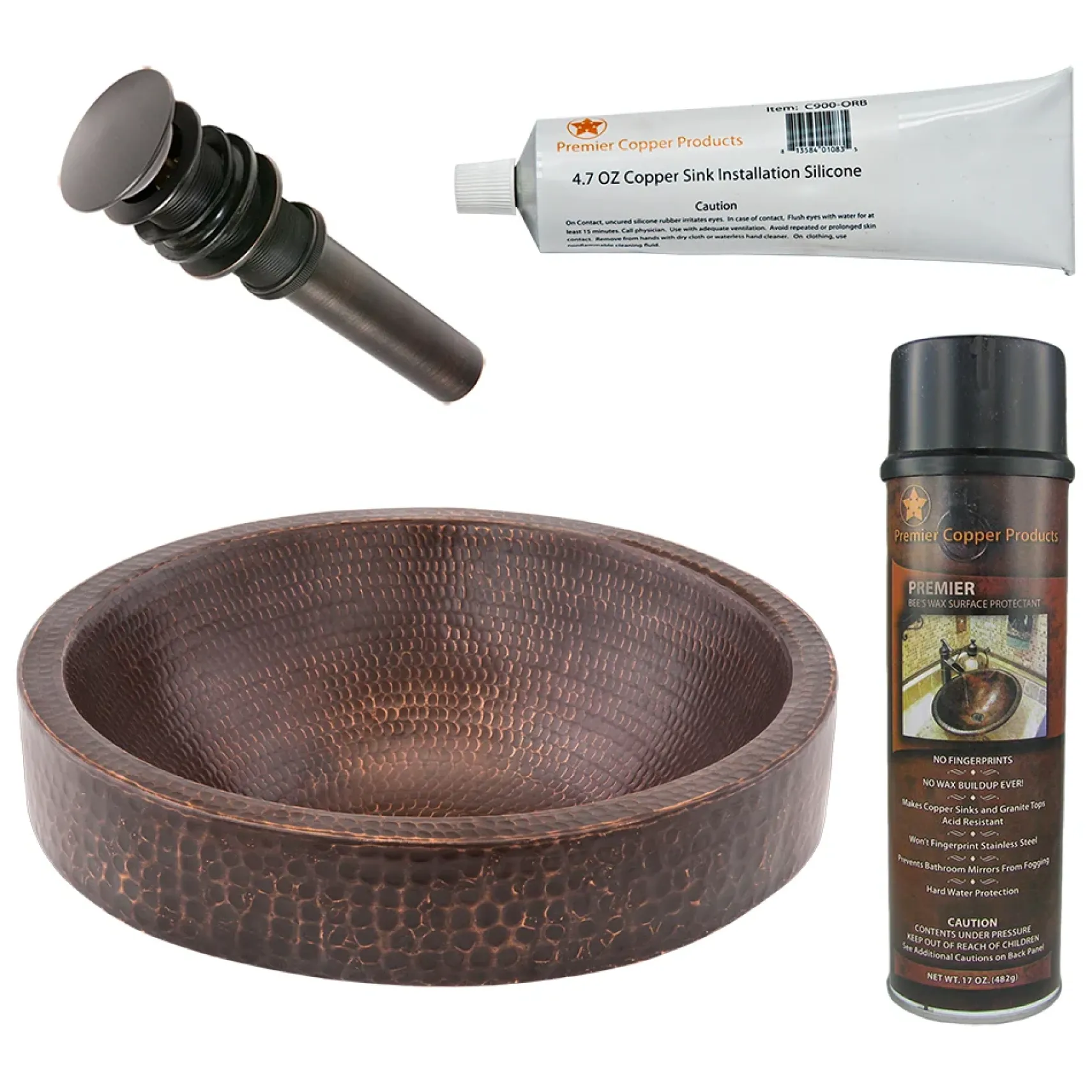 Premier Copper Products 15" Small Round Skirted Vessel Hammered Copper Bathroom Sink, Matching Drain and Accessories, Oil Rubbed Bronze, BSP5_VR15SKDB-P