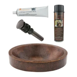Premier Copper Products 17" Compact Oval Skirted Vessel Hammered Copper Bathroom Sink, Matching Drain and Accessories, Oil Rubbed Bronze, BSP5_VO17SKDB-P