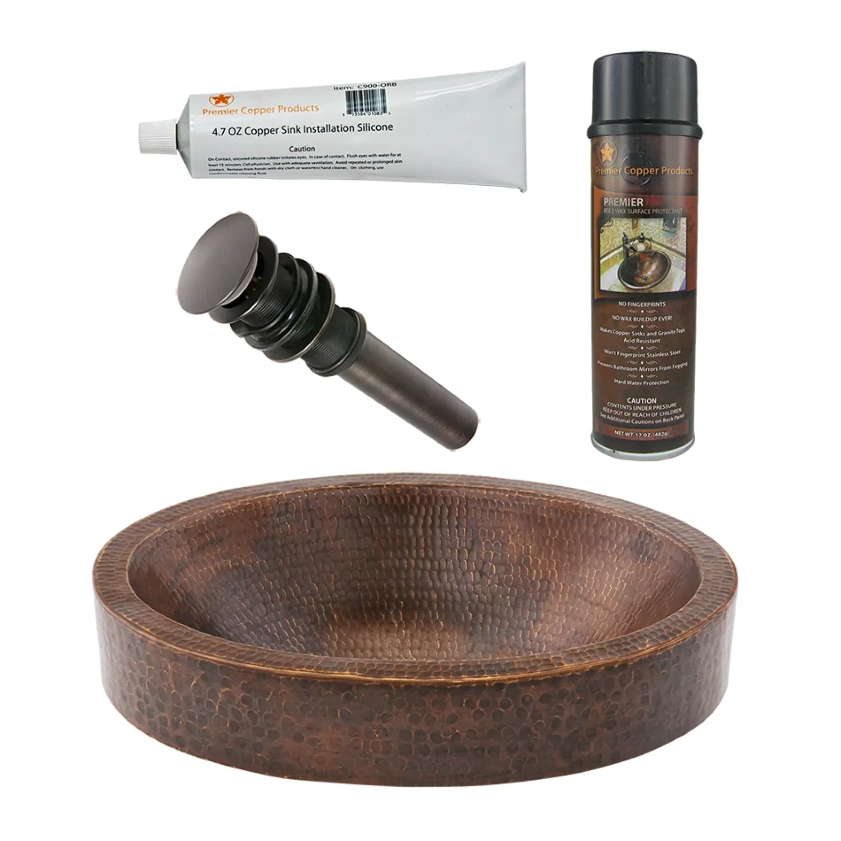 Premier Copper Products 17" Compact Oval Skirted Vessel Hammered Copper Bathroom Sink, Matching Drain and Accessories, Oil Rubbed Bronze, BSP5_VO17SKDB-P