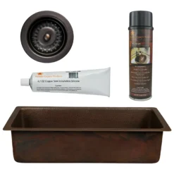 Premier Copper Products 28" Rectangle Hammered Copper Bar/Prep Sink with 3.5" Drain Opening, Matching Drain and Accessories, Oil Rubbed Bronze, BSP5_BREC28DB-D