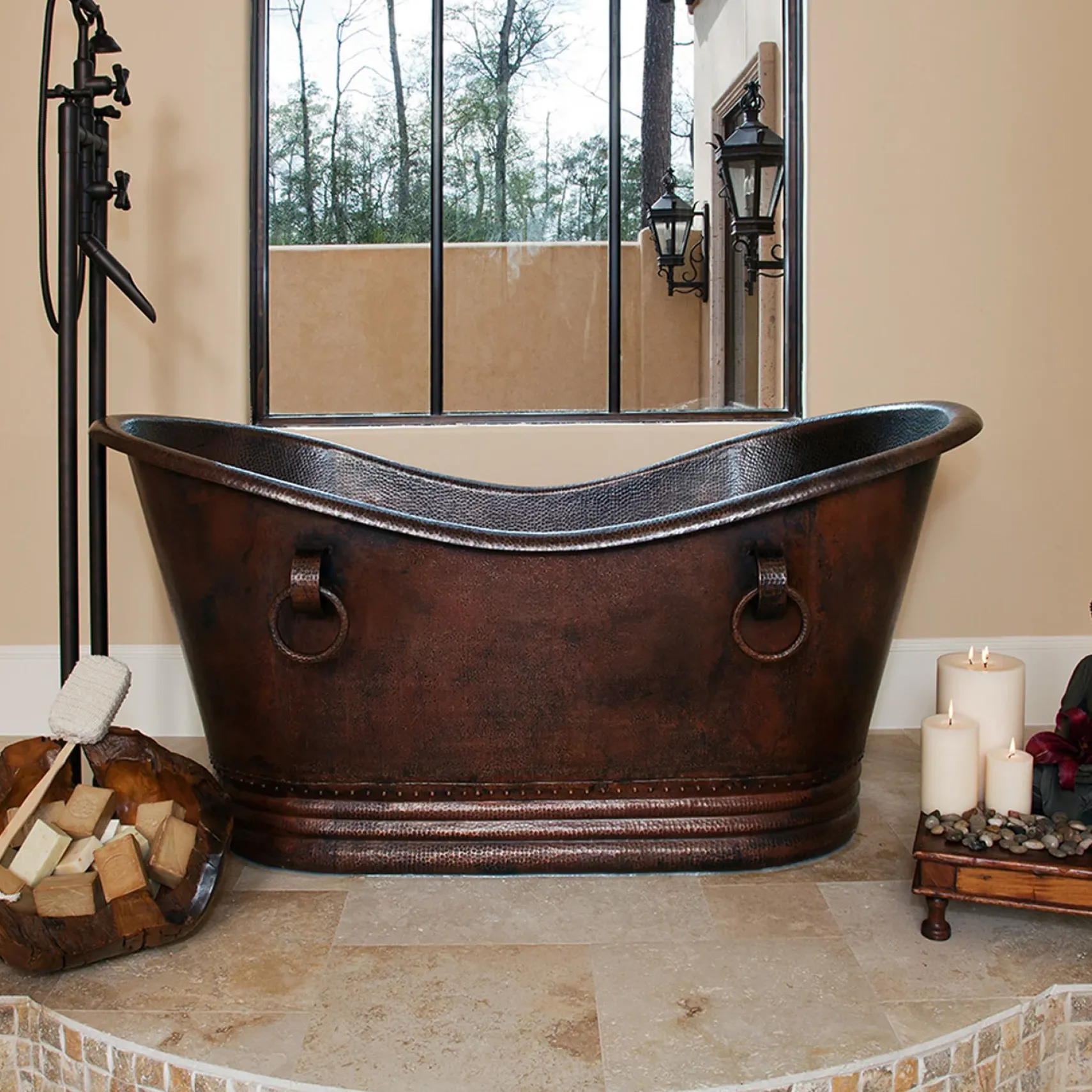 Premier Copper Products 67" Hammered Copper Double Slipper Bathtub With Rings, BTDR67DB