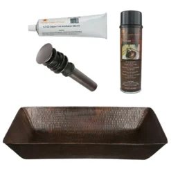 Premier Copper Products 20" Rectangle Vessel Hammered Copper Bathroom Sink, Matching Drain and Accessories, Oil Rubbed Bronze, BSP5_VREC2014DB-P