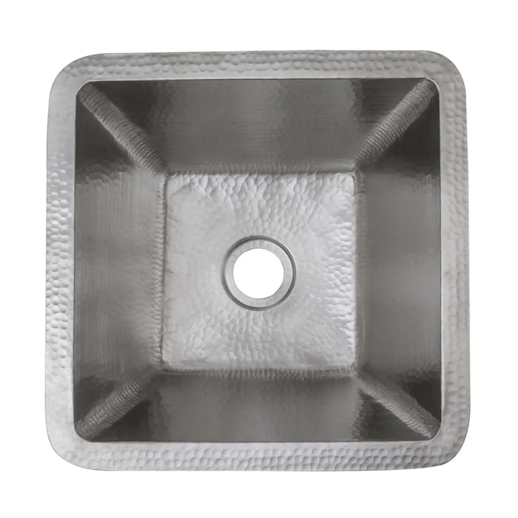 Premier Copper Products 15" Square Hammered Copper Bar/Prep Sink in Nickel w/ 2" Drain Opening, Matching Drain and Accessories, BSP5_BS15EN2-B