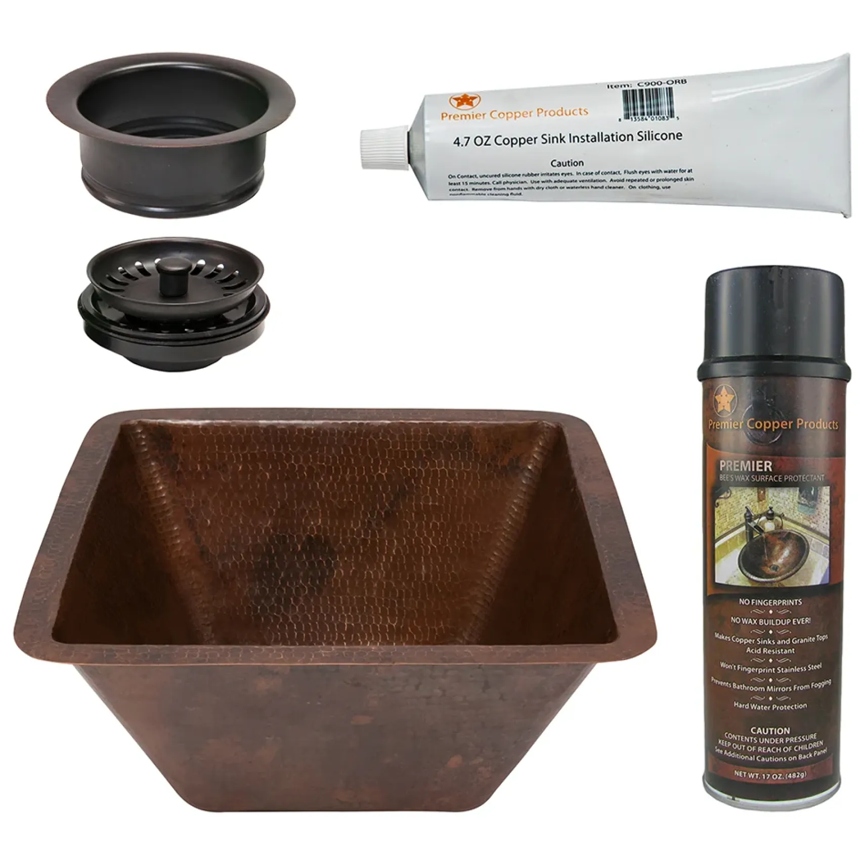 Premier Copper Products 15" Square Hammered Copper Bar/Prep Sink w/ 3.5" Drain Opening, Matching Drain and Accessories, Oil Rubbed Bronze, BSP5_BS15DB3-G