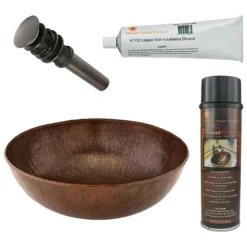 Premier Copper Products 17" Large Round Vessel Hammered Copper Bathroom Sink, Matching Drain and Accessories, Oil Rubbed Bronze, BSP5_VR17BDB-P