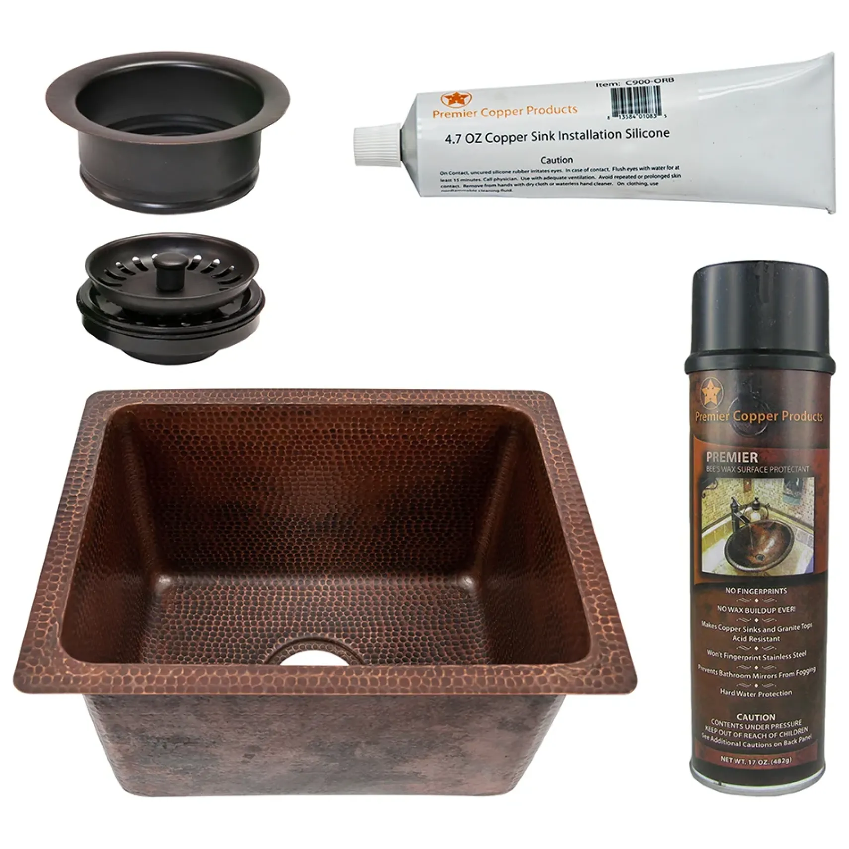 Premier Copper Products 17" Rectangle Hammered Copper Bar/Prep/Laundry/Utility Sink w/ 3.5" Drain Opening, Matching Drain and Accessories, Oil Rubbed Bronze, BSP5_BREC1713DB-G