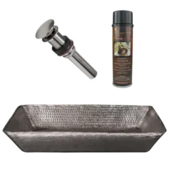 Premier Copper Products 20" Rectangle Vessel Hammered Copper Bathroom Sink in Nickel, Matching Drain and Accessories, BSP5_VREC2014EN-P